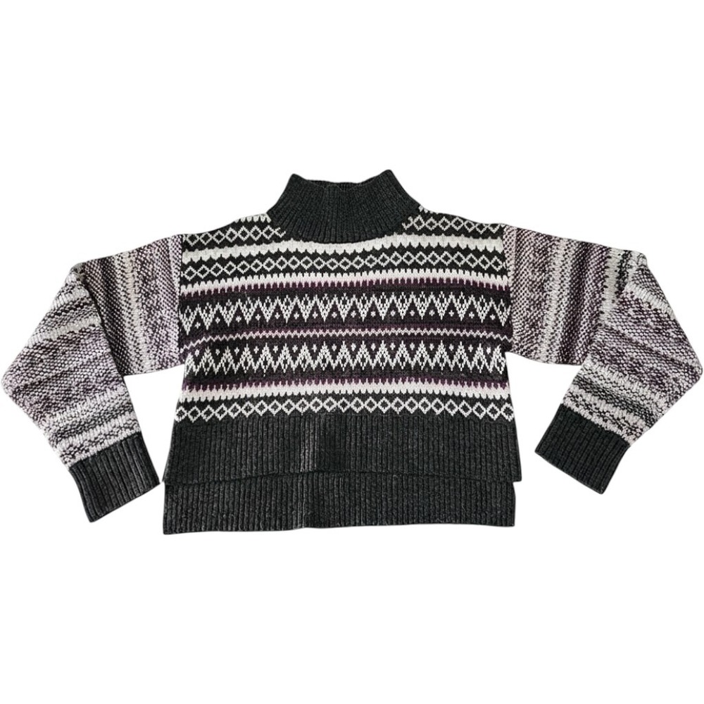 Cleo + Wolf Womens Small Fair Isle Cropped Mock Neck Sweater Grey Purple Wool